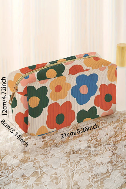 White Flower Print Zipper Square Corduroy Cosmetic Bag