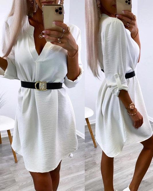 V Neck Roll Tab Sleeve Casual Mini Dress