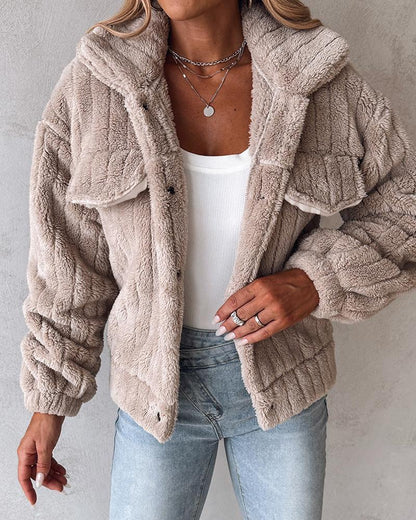 Turn down Collar Buttoned Teddy Jacket