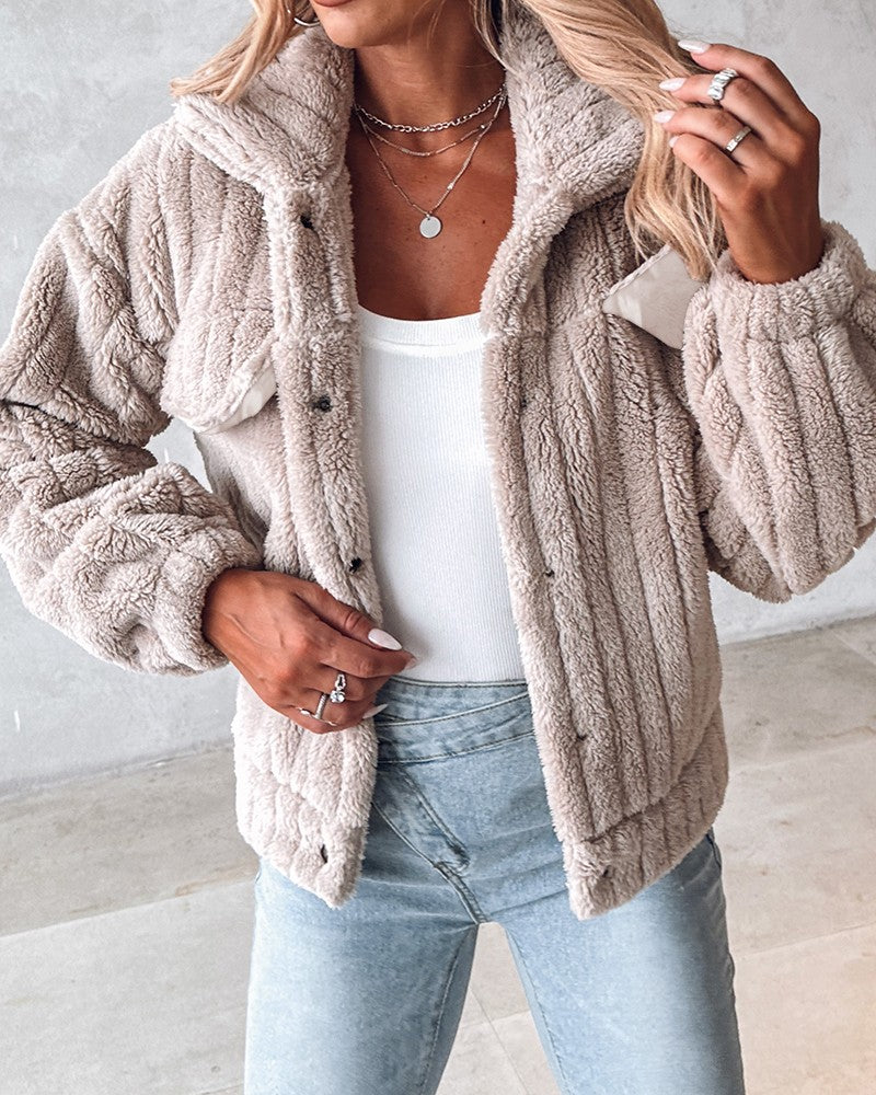 Turn down Collar Buttoned Teddy Jacket