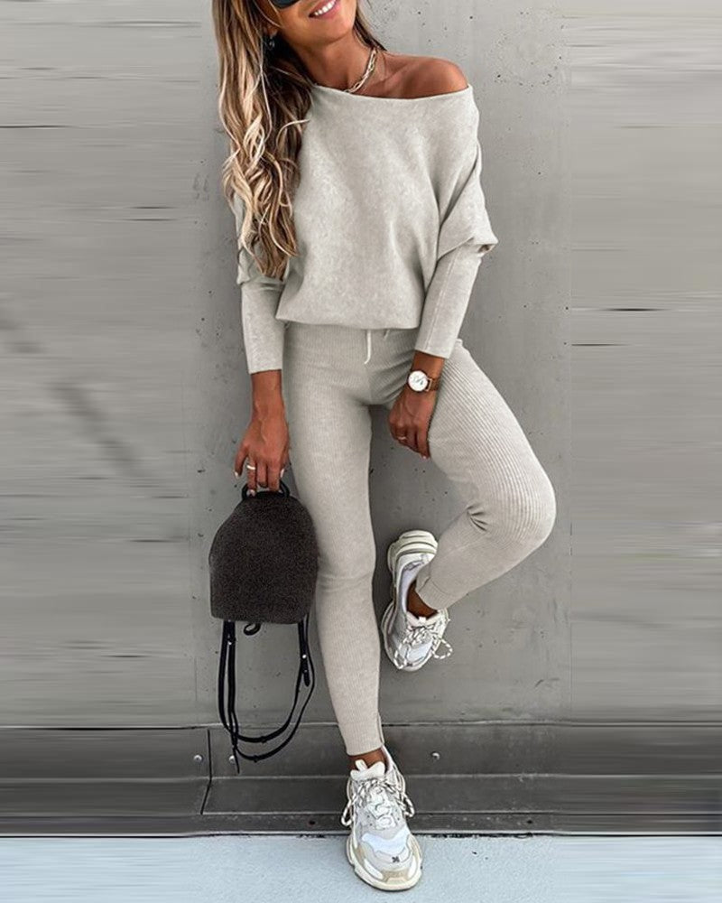 2PCS Long Sleeve Top & High Waist Drawstring Pants Set