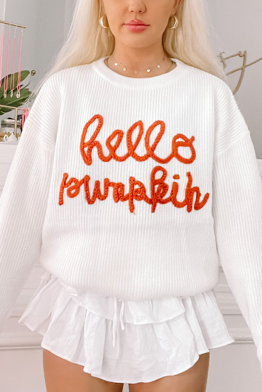 White Hello Pumpkin Graphic Sweater