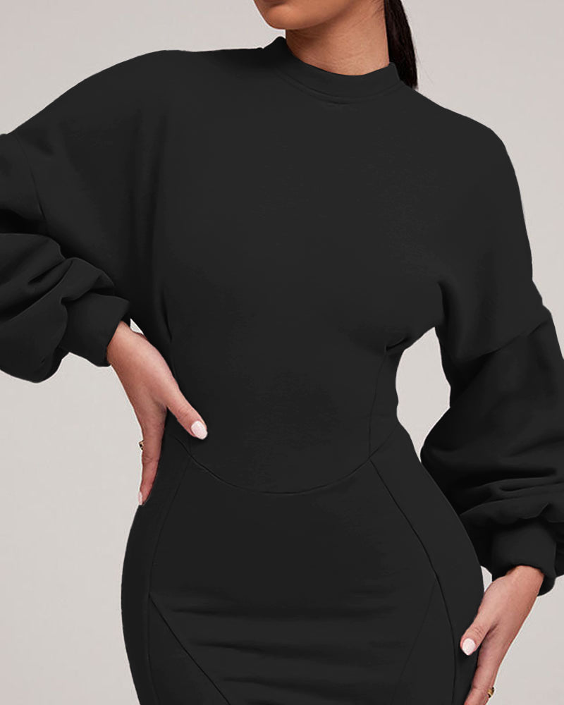 O neck Lantern Sleeve Mini Bodycon Sweatshirt Dress