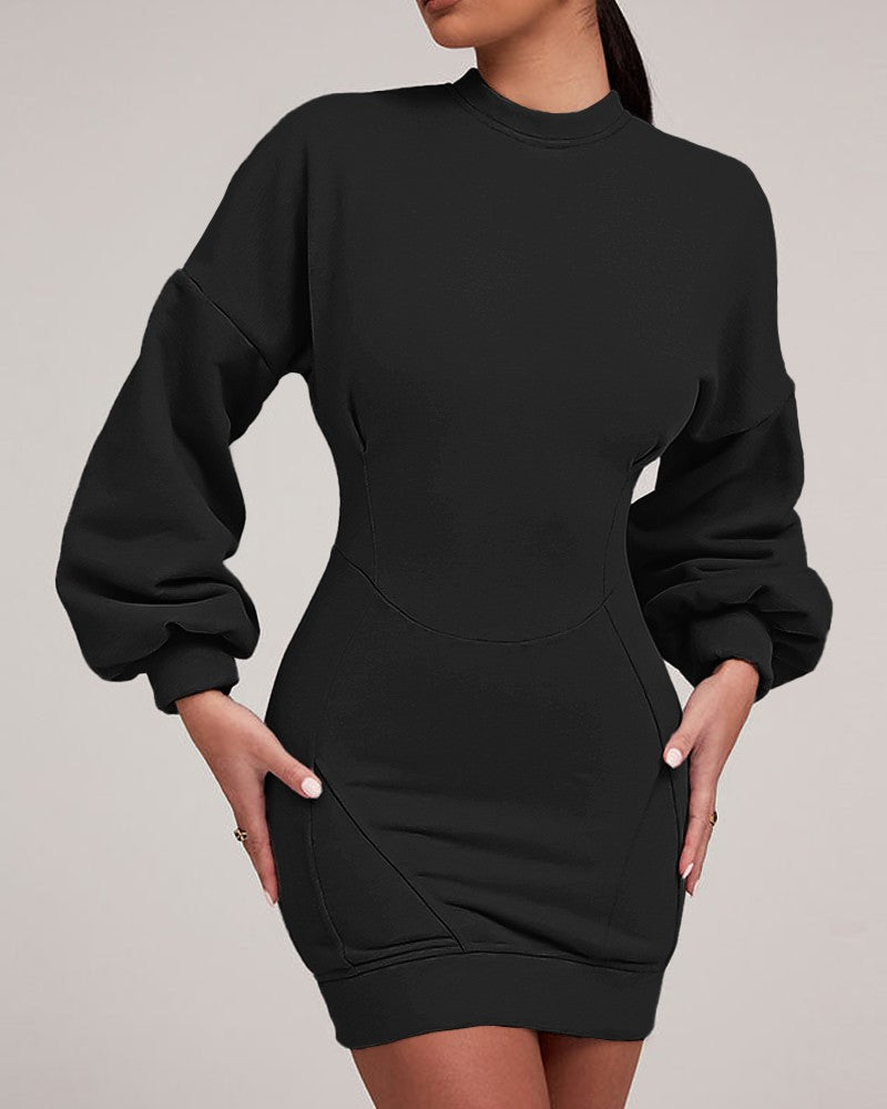 O neck Lantern Sleeve Mini Bodycon Sweatshirt Dress