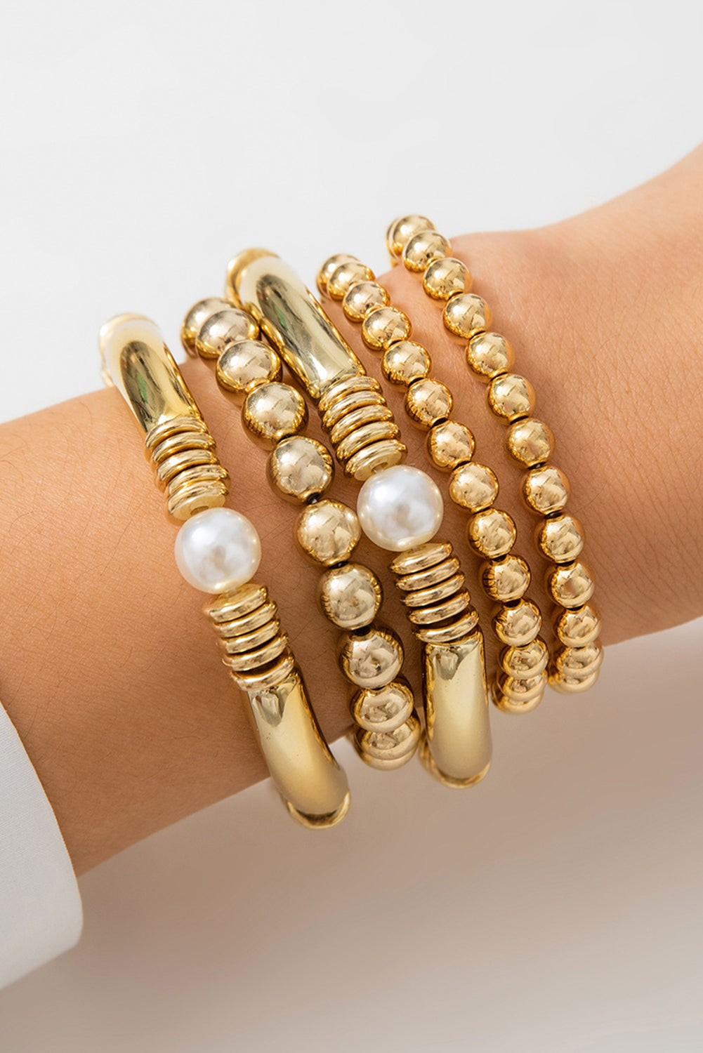 Gold 5pcs Pearl Plated Beaded Bracelet Set