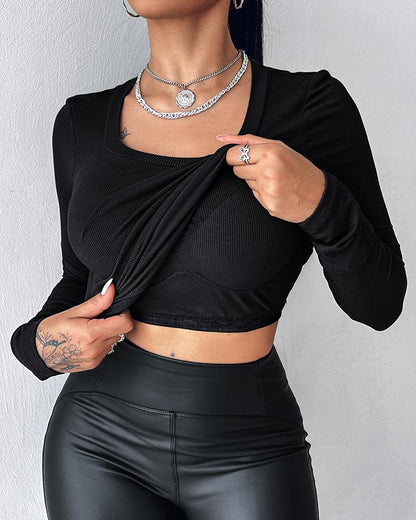 U Neck Built in Bra Long Sleeve Ribbed Top