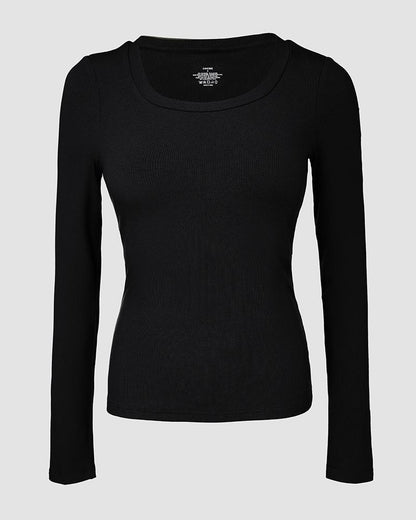 U Neck Built in Bra Long Sleeve Ribbed Top