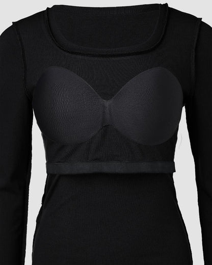 U Neck Built in Bra Long Sleeve Ribbed Top