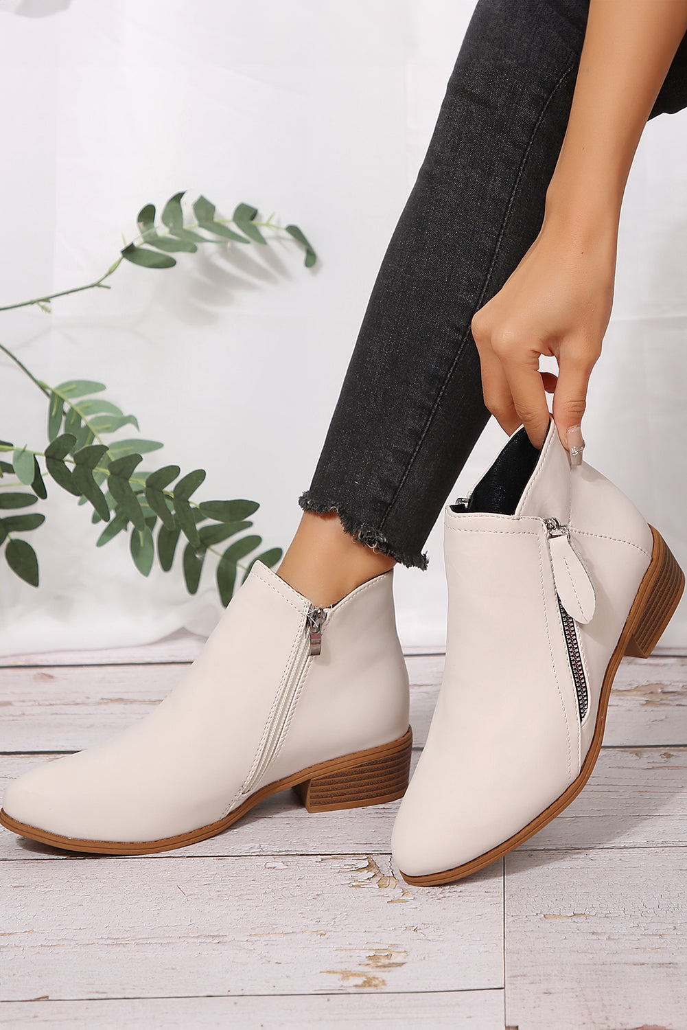 White Faux Leather Double Zip Low Heel Ankle Boots