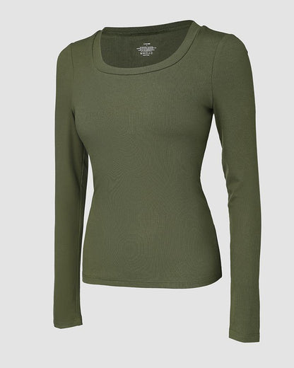 U Neck Built in Bra Long Sleeve Ribbed Top