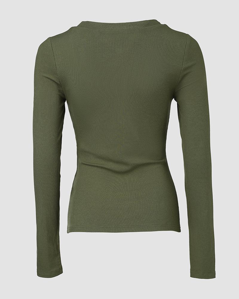 U Neck Built in Bra Long Sleeve Ribbed Top