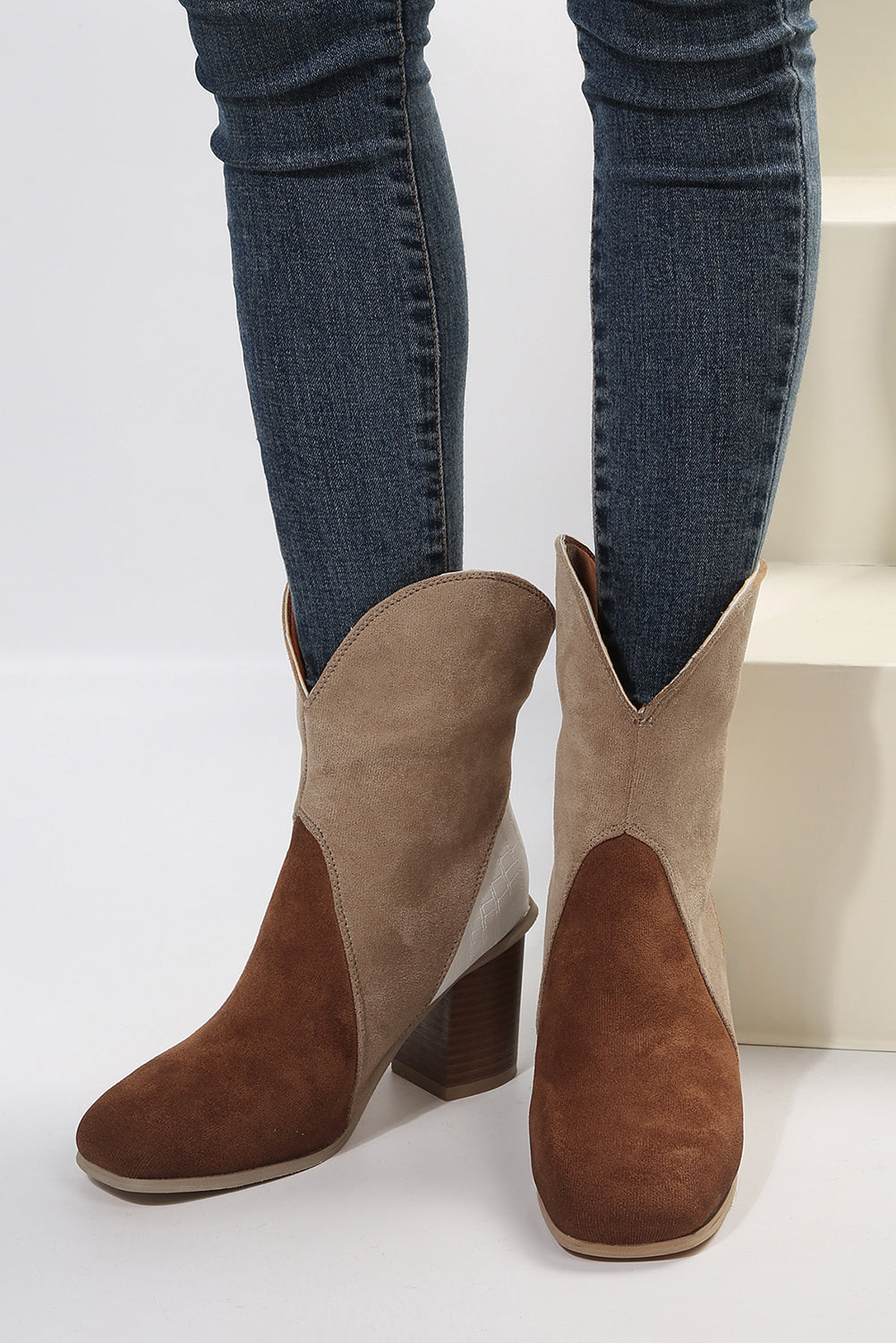 Chestnut Colorblock Suede Heeled Ankle Booties