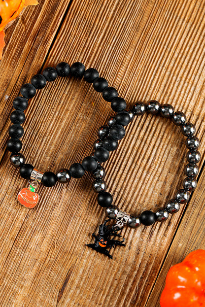 Black Halloween Pumpkin Ghost Pendant Beaded Layered Bracelet Set