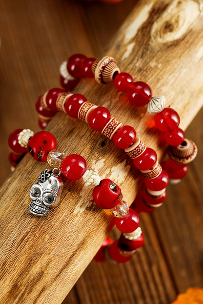 Red Multilayered Halloween Skull Stretched Beaded Bracelet