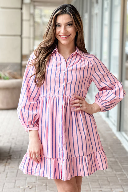 Pink Stripe Ruffled Hem Button-up Collared Shirt Mini Dress