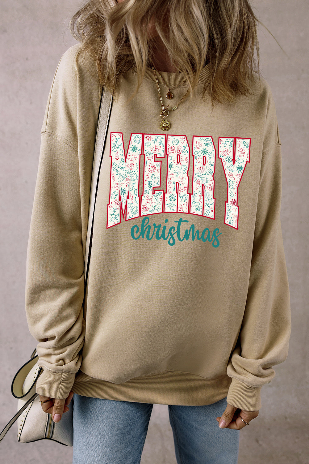 Parchment Festive Element Printed MERRY Christmas Graphic Sweatshirt