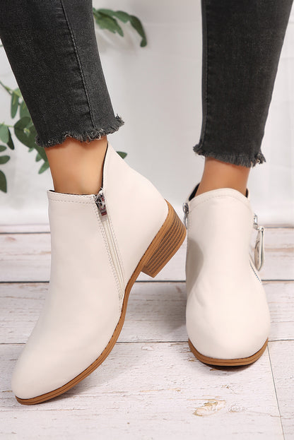 White Faux Leather Double Zip Low Heel Ankle Boots