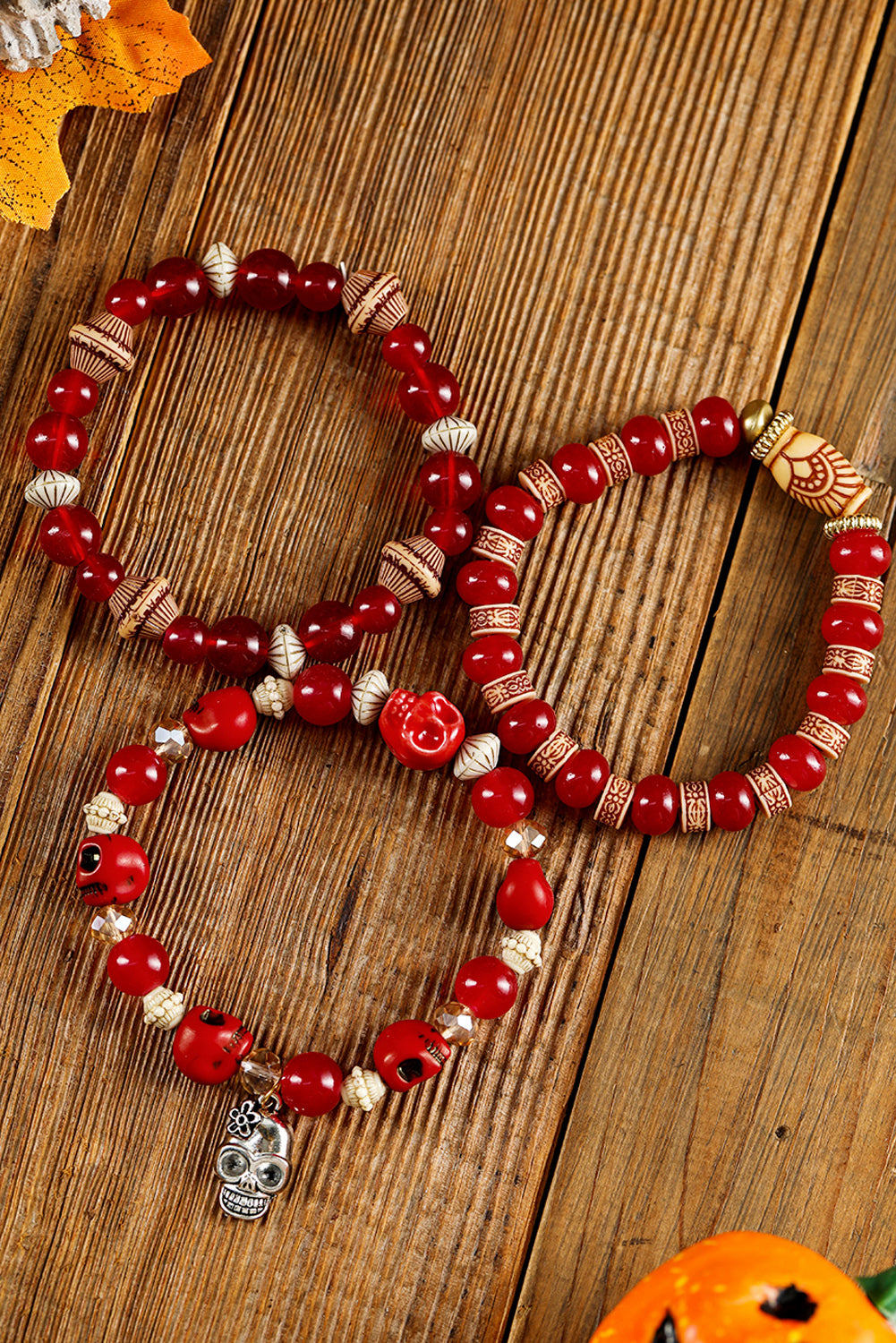 Red Multilayered Halloween Skull Stretched Beaded Bracelet