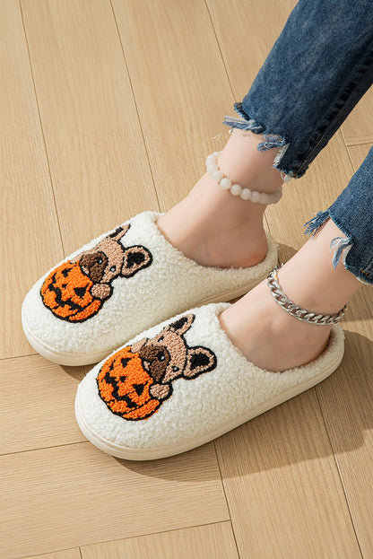 White Halloween Dog Pumpkin Pattern Fuzzy Slippers