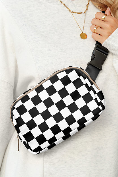 White Checkered Print Buckle Wide Belt Crossbody Bag