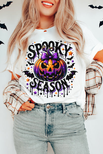 White SPOOKY SEASON Pumpkin Bat Pattern Halloween T Shirt