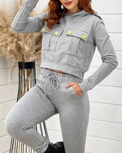 2PCS Button Decor Crop Hoodie & Stretchy Waist Pocket Design Pants Set