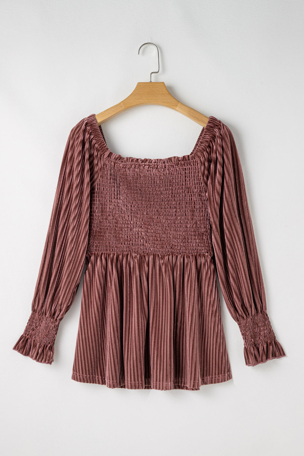 Pink Smocked Ribbed Velvet Babydoll Top