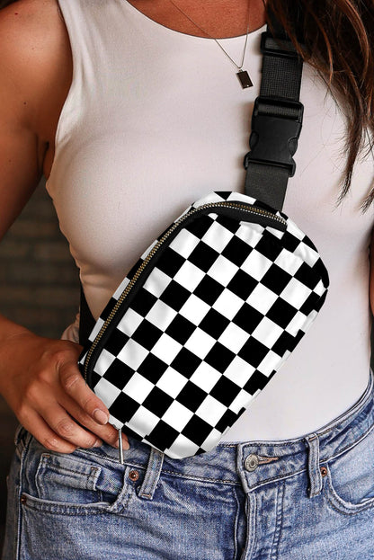 White Checkered Print Buckle Wide Belt Crossbody Bag