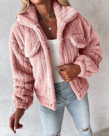 Turn down Collar Buttoned Teddy Jacket