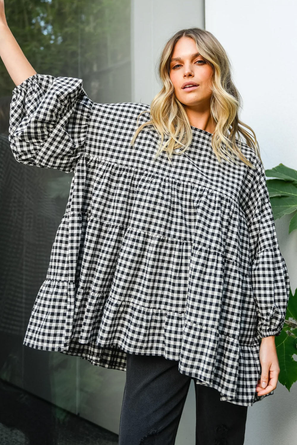 Black Checkered Puff Sleeve Tiered Loose Babydoll Blouse