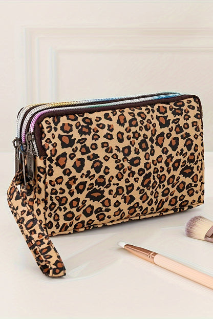 Brown Leopard Print PU Leather Wristlet Zipper Makeup Bag