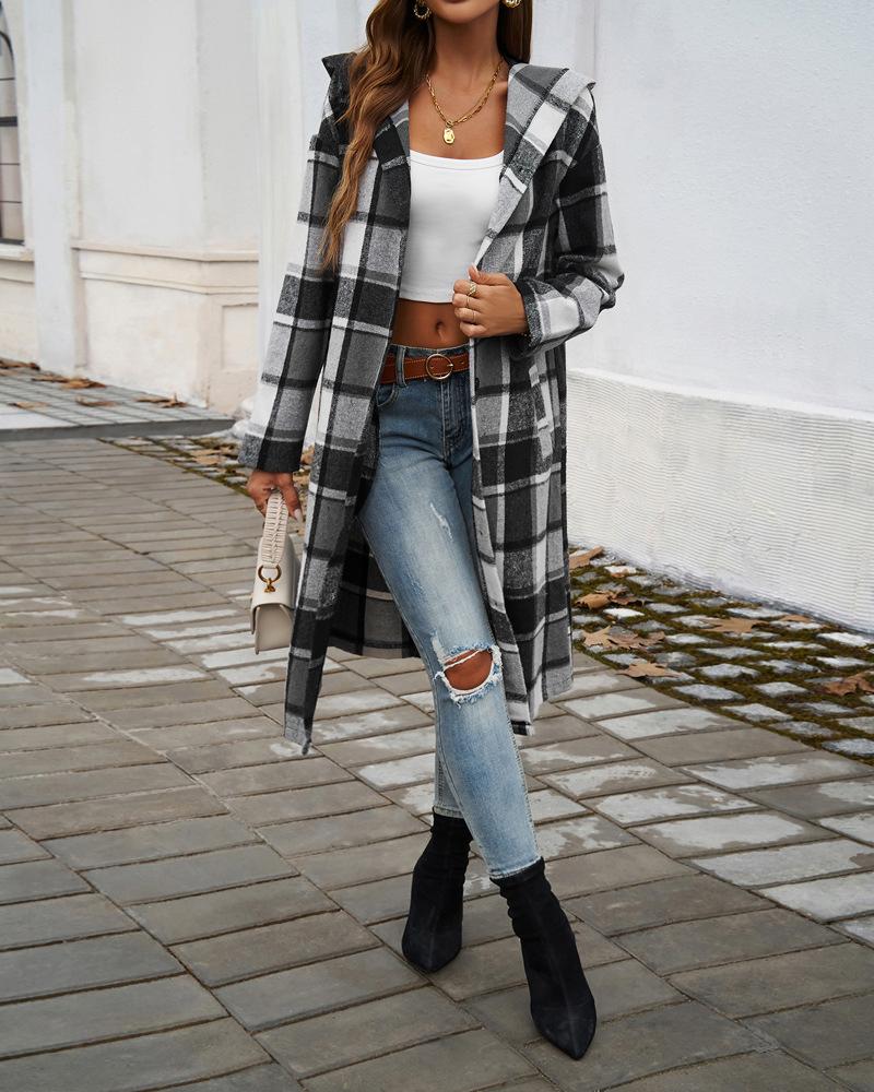 Plaid Pattern Button Down Pocket Design Longline Hooded Coat