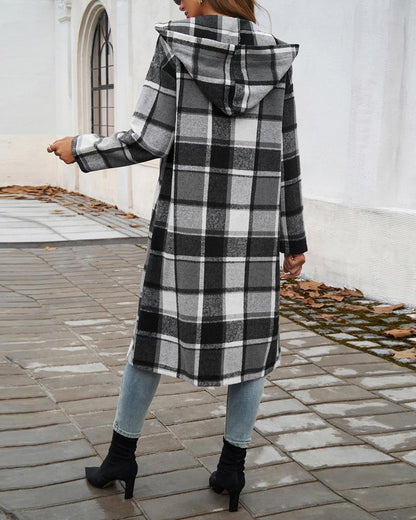 Plaid Pattern Button Down Pocket Design Longline Hooded Coat