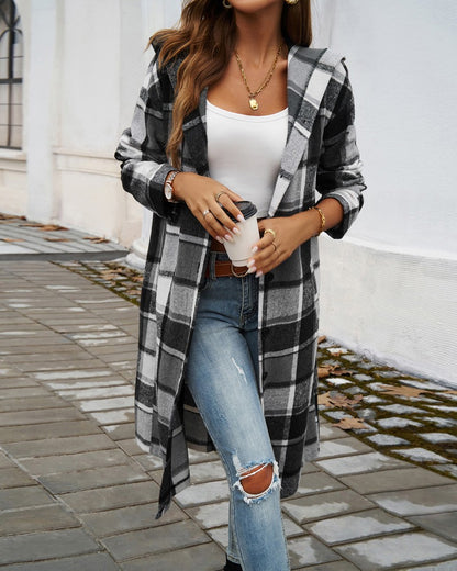 Plaid Pattern Button Down Pocket Design Longline Hooded Coat