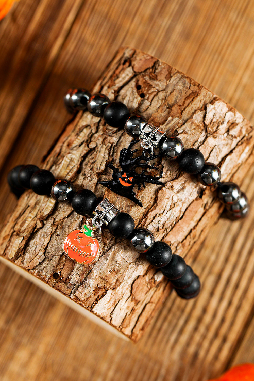 Black Halloween Pumpkin Ghost Pendant Beaded Layered Bracelet Set