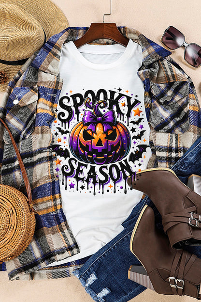 White SPOOKY SEASON Pumpkin Bat Pattern Halloween T Shirt