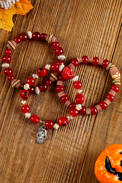 Red Multilayered Halloween Skull Stretched Beaded Bracelet