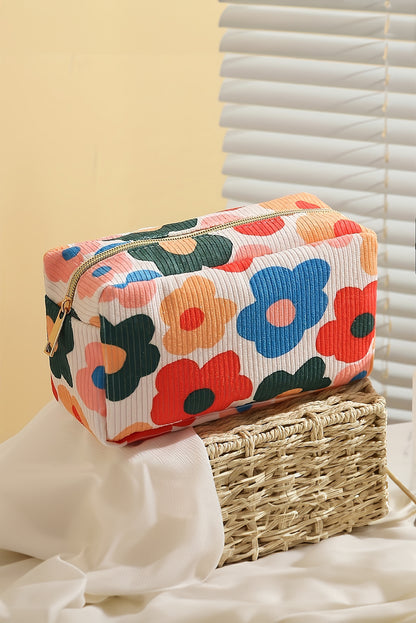 White Flower Print Zipper Square Corduroy Cosmetic Bag