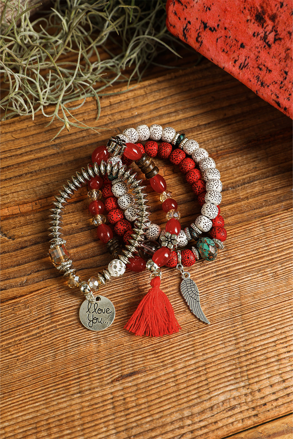 Fiery Red 4pcs Boho Disc Tassel Wing Pendant Beaded Bracelet Set