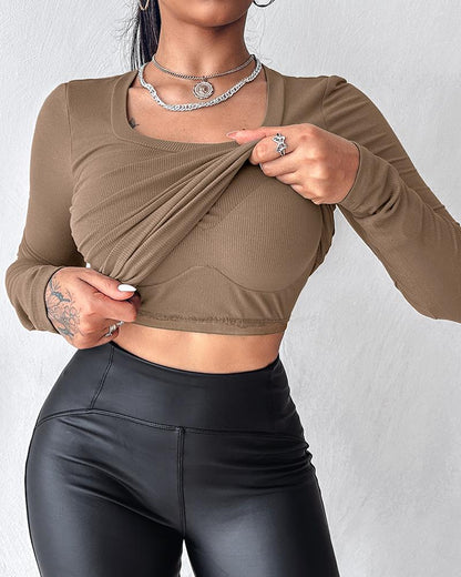 U Neck Built in Bra Long Sleeve Ribbed Top