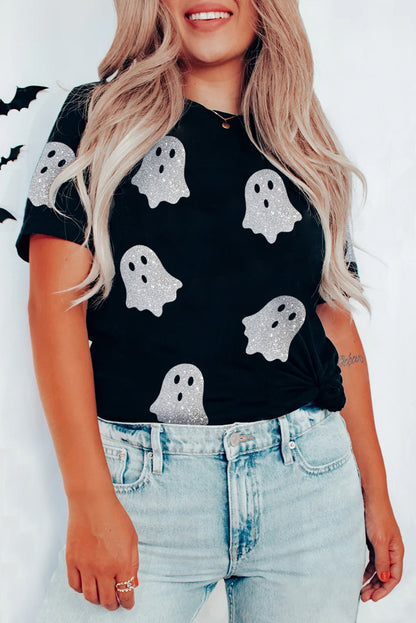 Black Glitter Ghost Pattern Crew Neck Halloween T Shirt