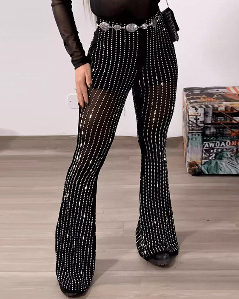 Sheer Mesh Rhinestone Decor High Waist Skinny Flared Pants