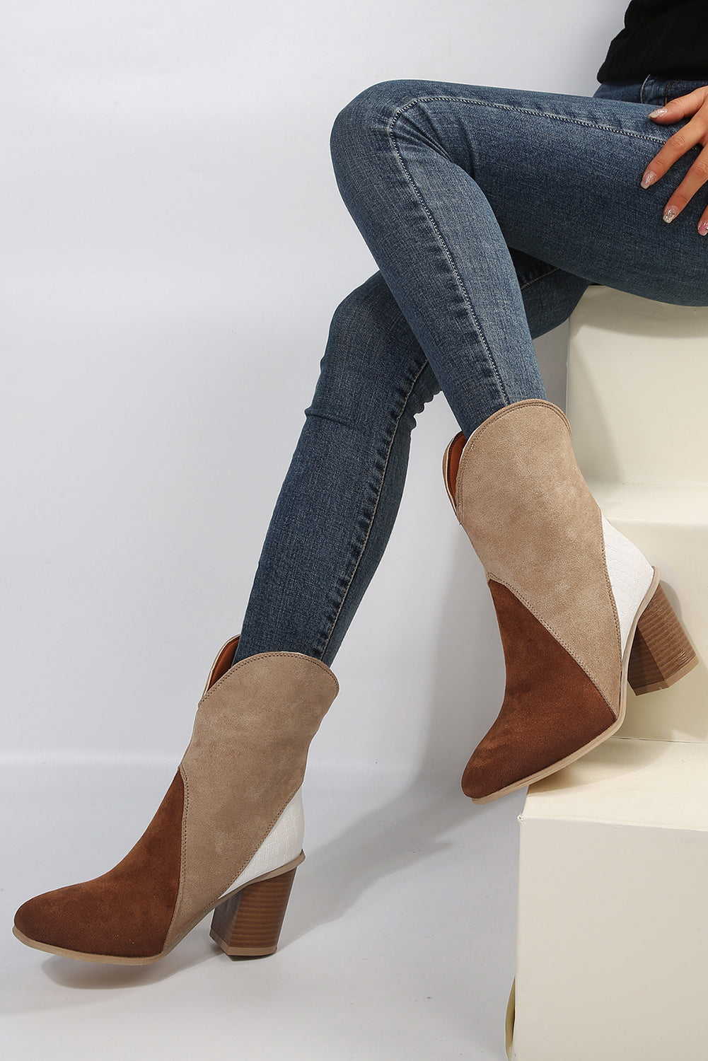 Chestnut Colorblock Suede Heeled Ankle Booties