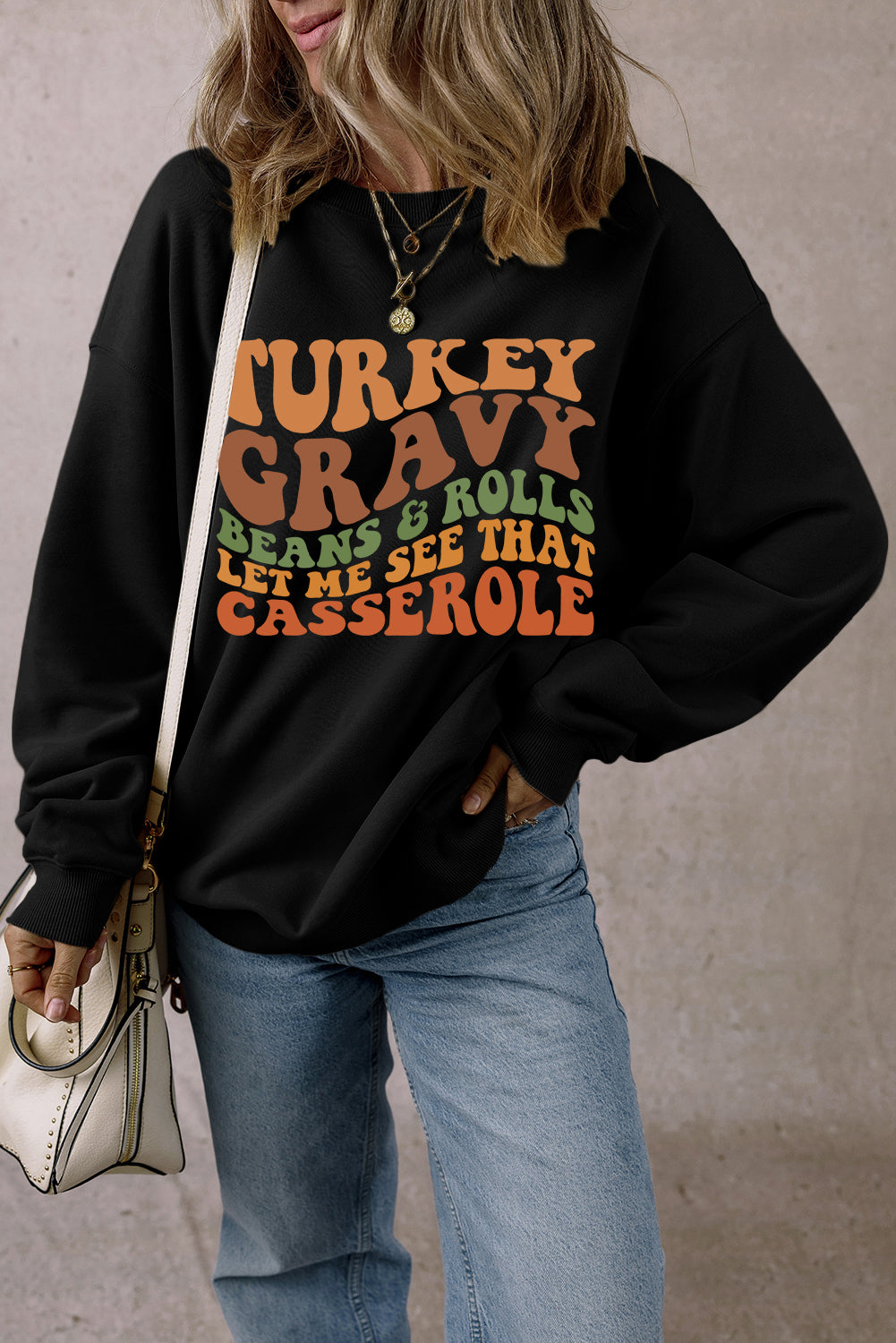 Black Thanksgiving Slogan Print Drop Shoulder Sweatshirt