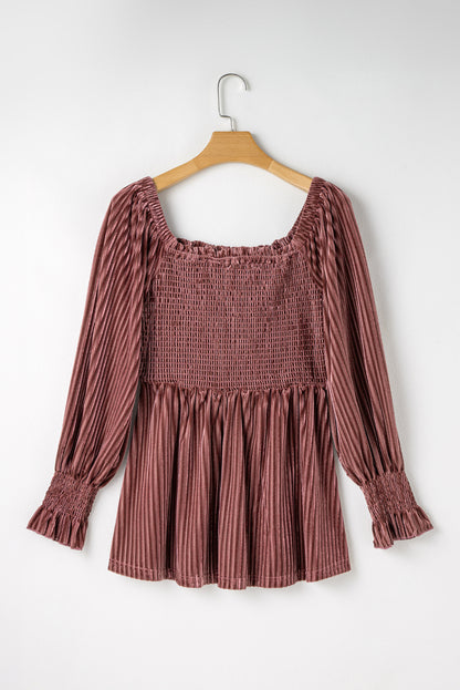 Pink Smocked Ribbed Velvet Babydoll Top