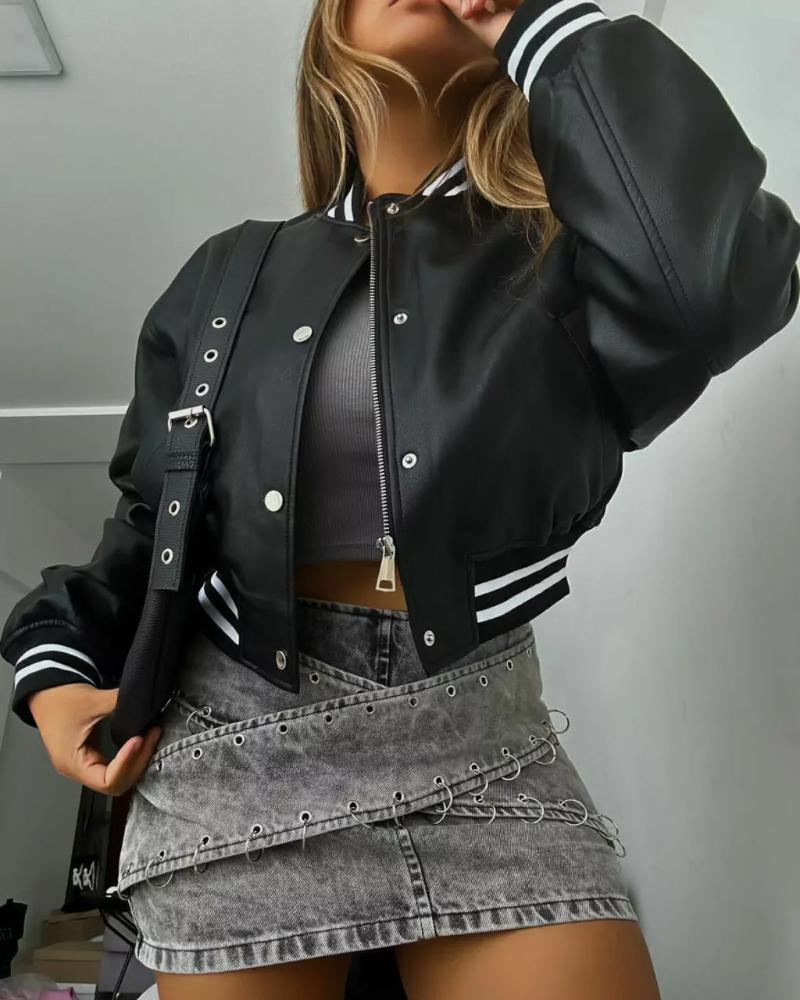 Striped Snap Button Zipper Design Crop Bomber Jacket