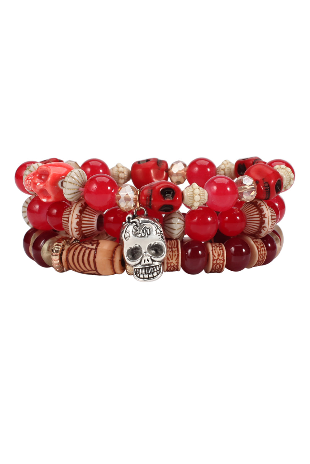 Red Multilayered Halloween Skull Stretched Beaded Bracelet