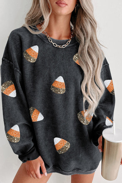 Black Sequin Triangle Patched Corded Halloween Sweatshirt