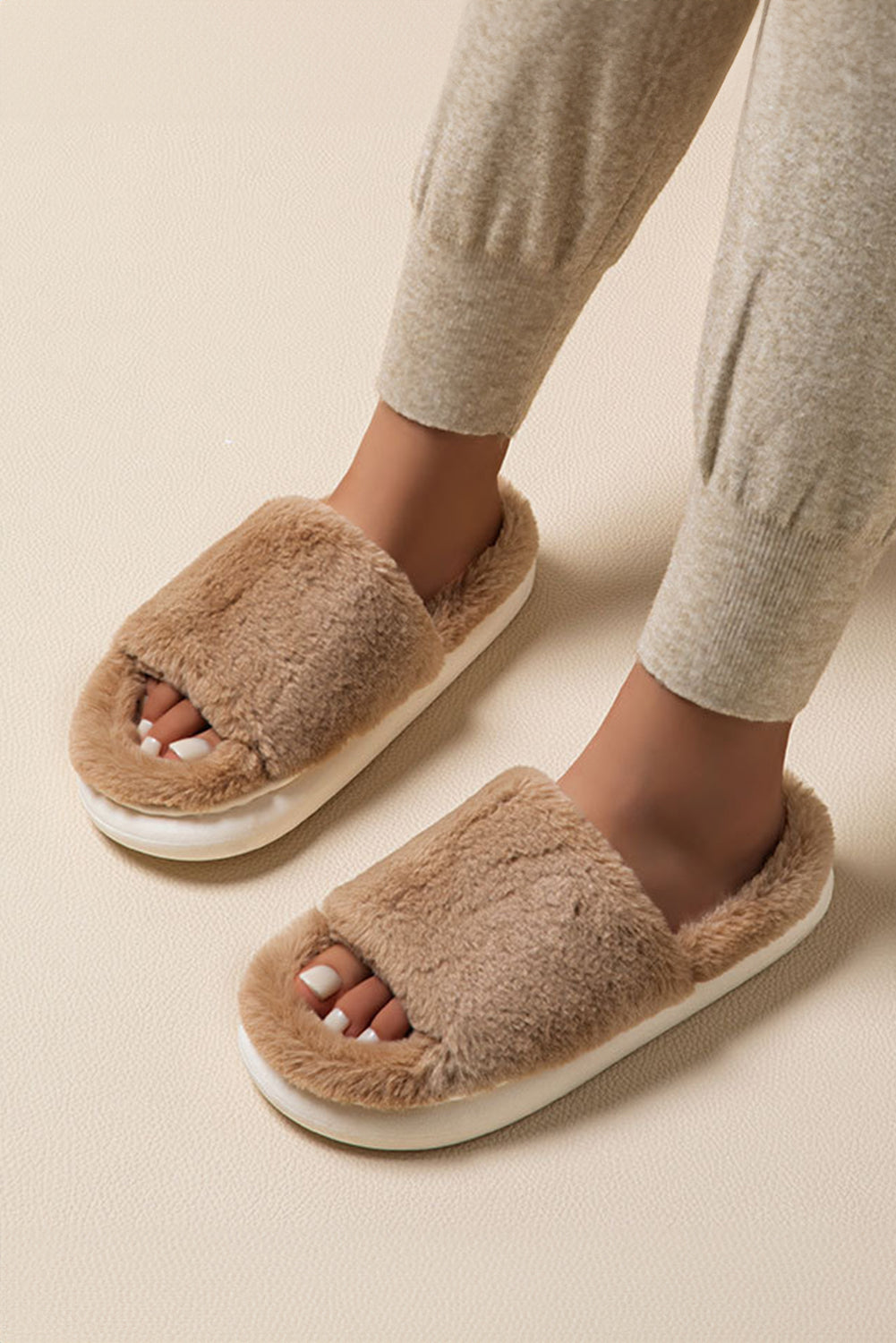 Chestnut Furry Open Toe Thick Sole Slippers