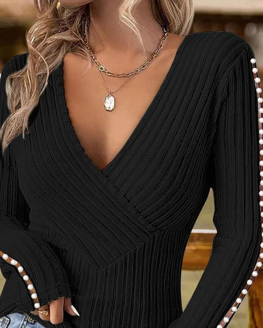 V Neck Long Sleeve Criss Cross Pearls Decor Ribbed Top